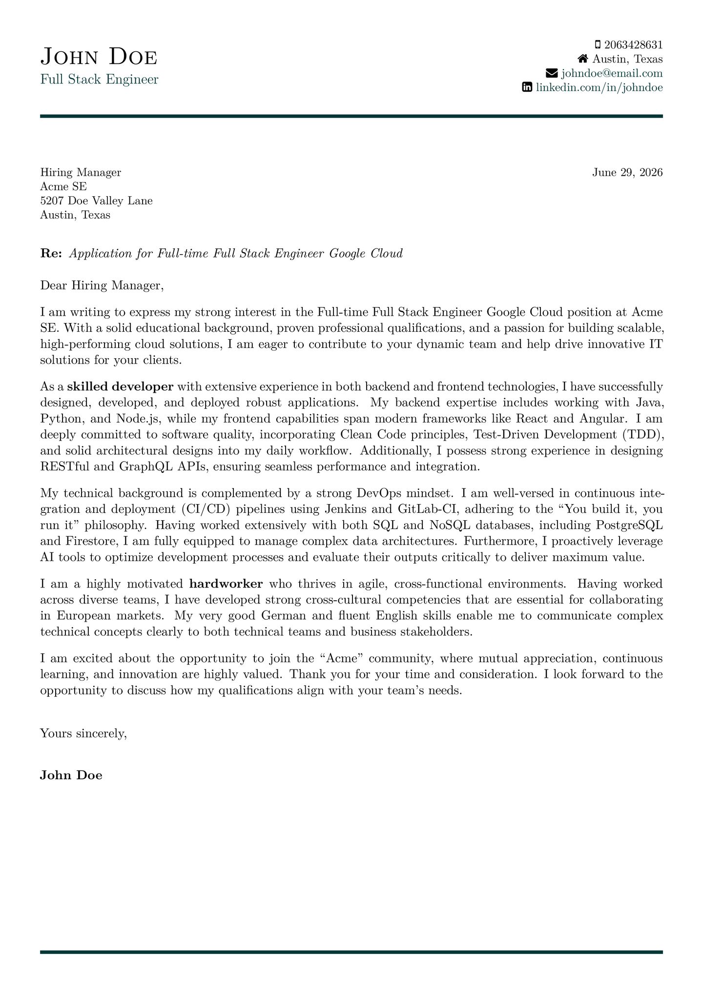 Example cover letter in the Modern Professional template